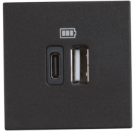 Розетка зарядное устройство USB 2 разъёма тип - C/тип - A 3000мА - 2 модуля. Цвет Чёрный. Bticino серия CLASSIA. RG4287C2